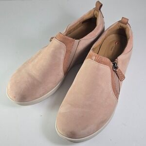Clarks Unstructured Pink Suede Slip On Sneakers Zip Detail Women's Size 10